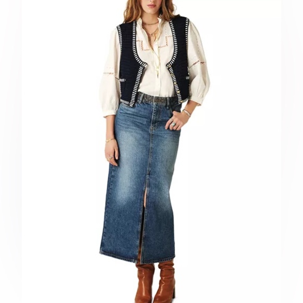 Denim Maxi Skirt with Front Slit - Blue